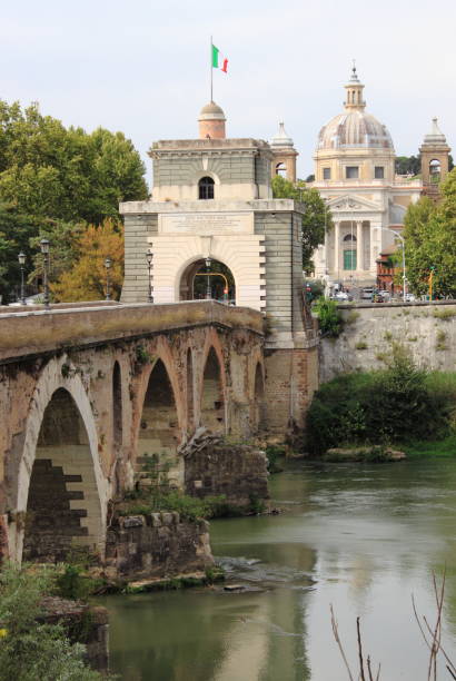 Milvio bridge over the Tiber river in Rome, Italy stock photo