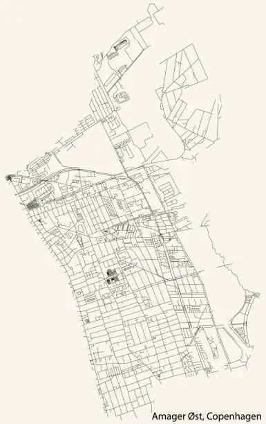 Vector illustration of Street roads map of the Amager Øst District of Copenhagen Municipality, Denmark