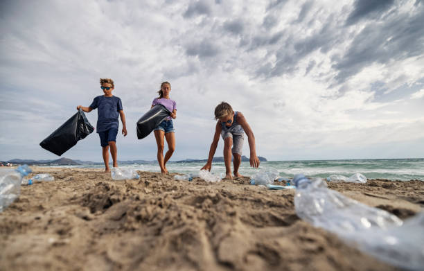 three kids cleaning up the beach - sustainable resources environment education cleaning imagens e fotografias de stock