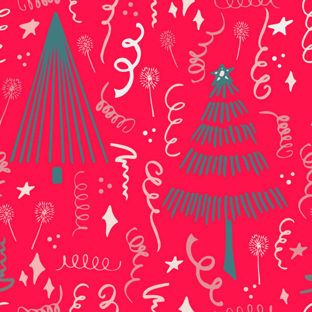크리스마스 배경 파티 축하 벡터 원활한 패턴 사탕 선물과 스파클러와 크리스마스 트리를 양식에 일치시. 포장지, 초대장, 종이 및 카드, 웹 사이트 배경에 대한 배경 화면. - 반짝이 조각 일러스트 stock illustrations