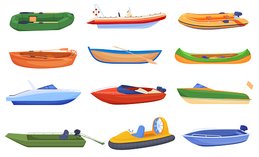 Sea ship boats set vector flat. Collection yacht, marine vessel and ocean transport isolated. Inflatable rubber with paddle, speed motor nautical passenger transportation for sport, leisure and travel