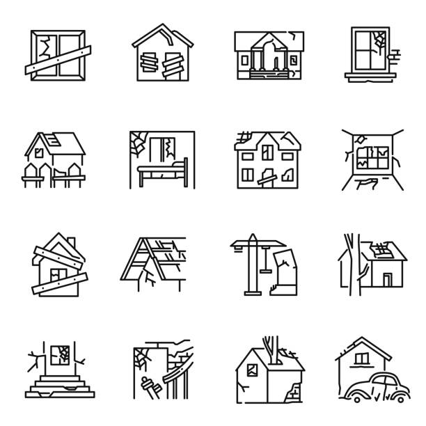 Monochrome old destroyed buildings set line icon vector illustration. Abandoned, broken house Monochrome old destroyed buildings set line icon vector illustration. Abandoned, broken, damaged, scary, dilapidated house simple linear logo isolated on white. Dilapidated countryside architecture damaged fence stock illustrations