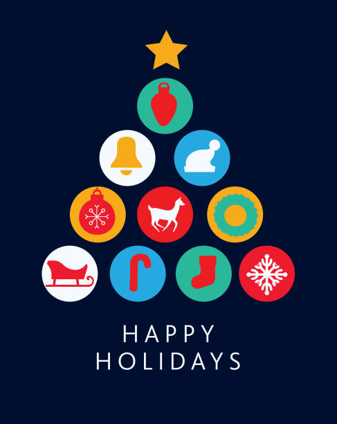 Happy Holidays Greeting card flat design template Christmas Tree shape with geometric shapes and simple icons Vector illustration of a Happy Holidays Invitation card designs with geometric simplicity and bright colors on dark blue background. Includes tree shape, deer, mitten, snowflake, sleigh, icon mosaic, and colorful flat ornaments. Fully editable and easy to customize. Download includes eps 10 and high resolution jpg. christmas stocking background stock illustrations