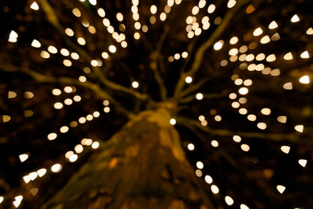 istock Abstract Christmas tree blurred defocused background for design concept template. Bright glowing lights, New year decoration 1353868620