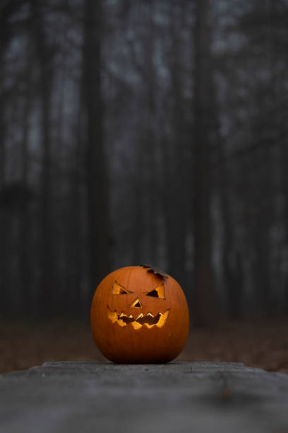 Close-up view of orange Halloween pumpkin with carved Jack O'Lantern face lying on wooden table. Dark blurred autumn foggy forest in the background. Copy space. Handmade decorations theme.