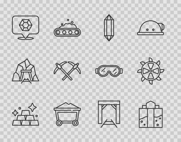 Set line Gold bars, Mine entrance, Gem stone, coal trolley, Pickaxe, and Bucket wheel excavator icon. Vector Set line Gold bars Mine entrance Gem stone coal trolley Pickaxe and Bucket wheel excavator icon. Vector. cave stock illustrations