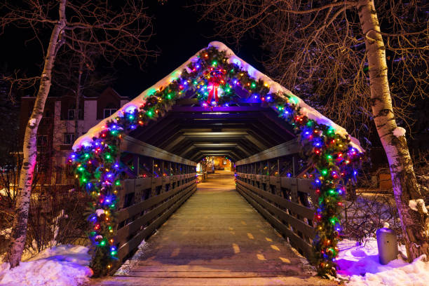 Christmas lights on the covered bridge in Vail, Colorado stock photo