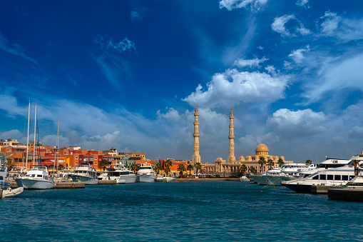 Mosque and harbor in Hurghada, Egypt