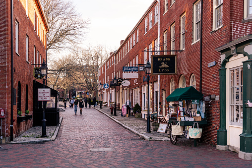 Newburyport, MA, USA - Apr 09, 2021: Market Square is one of the main attraction for tourists in Newburyport. With a variety of shops and restaurants.