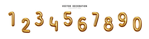 золотое число воздушные шары от 0 до 9.  золотой металл no 1, 2, 3, 4, 5, 6, 7, 8, 9, 0, - number 6 number birthday balloon stock illustrations