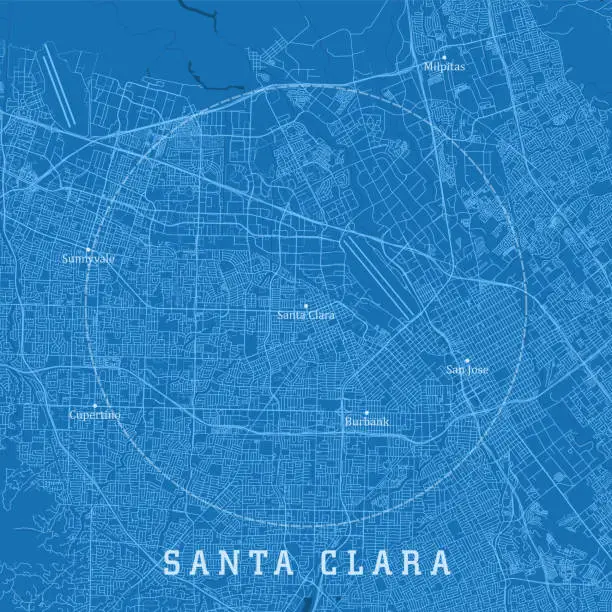 Vector illustration of Santa Clara CA City Vector Road Map Blue Text