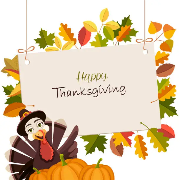 Vector illustration of Thanksgiving. Pilgrim Turkey with Banner.
