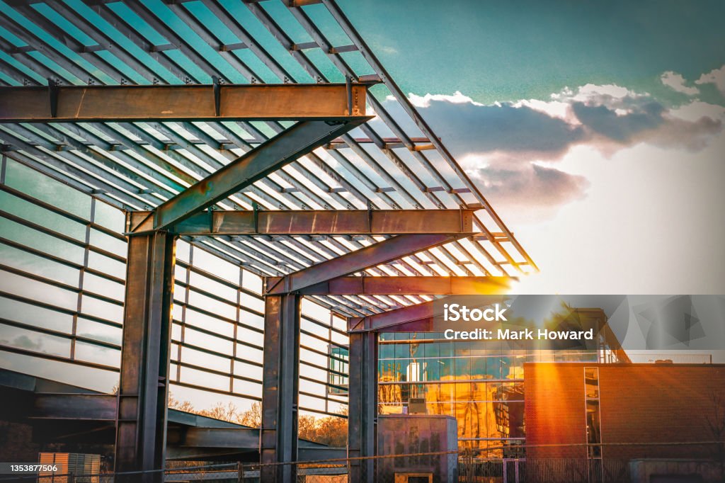 Train station pergola sunset A urban sky view through a metal structure at the train station in Raleigh NC with a bright sunset. Copy space. Raleigh - North Carolina Stock Photo