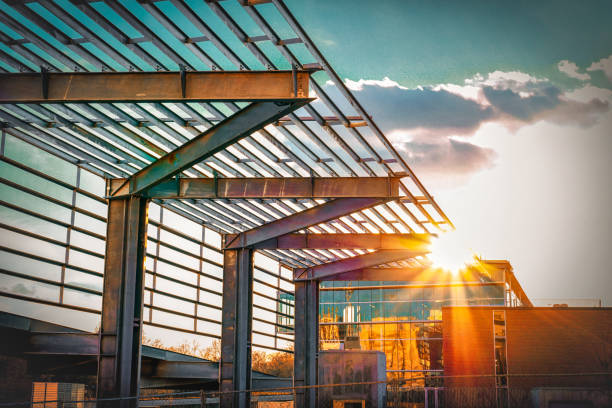 Train station pergola sunset stock photo