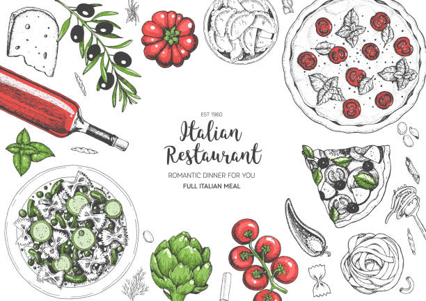 ilustrações, clipart, desenhos animados e ícones de quadro de vista superior da culinária italiana. um conjunto de pratos italianos com massa e pizza. modelo de design do menu de alimentos. ilustração vetorial de esboço vintage desenhado à mão. imagem gravada. - italian cuisine