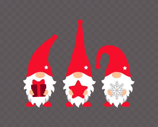три рождественских гнома с подарочной коробкой, звездой и снежинкой - gift christmas christmas present three objects stock illustrations