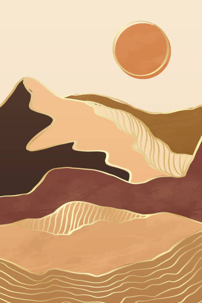 山、丘、太陽と黄金の輪郭波線と抽象的な近代的なボホの風景。現代の贅沢なミニマリストの印刷テンプレート。中国風の幾何学的な丘のシーンのベクトルイラスト - pattern backgrounds beige retro revival点のイラスト素材／クリップアート素材／マンガ素材／アイコン素材