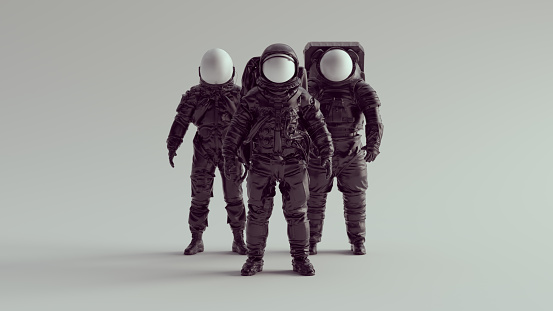 Black Astronaut Cosmonaut with White Visor Helmet Group of Three Spaceman Spacewoman Technology 3d illustration render