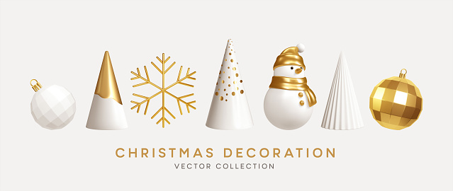 Christmas decorations vector collection. Set of realistic 3d white gold trendy decorations for christmas design isolated on white background. Christmas tree, snowman, snowflake. Vector illustration EPS10