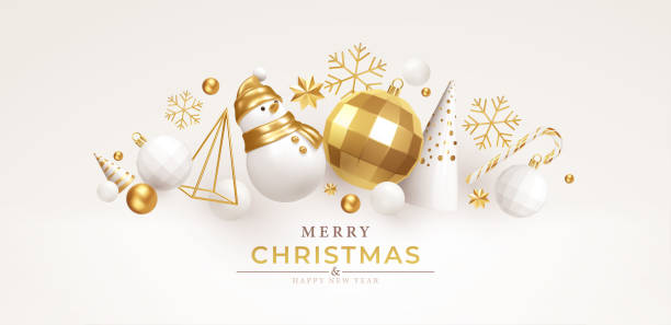 рождественский фон с реалистичными украшениями из белого золота для рождественского дизайна, изолированными на белом фоне. новогодняя елк - box white stack white background stock illustrations