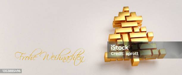 Christmas Tree Made From Golden Game Style Blocks On A Paper Background German Message Frohe Weihnachten To The Left Web Banner Format Copy Space Stock Photo - Download Image Now
