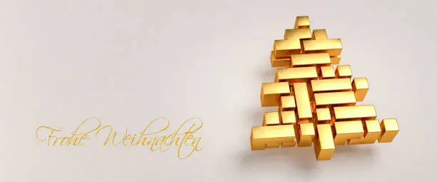 Christmas tree made from golden game style blocks on a paper background. German Message "Frohe Weihnachten" (Merry Christmas) to the left. Web banner format. Copy space.