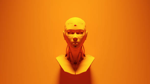 Orange Cyborg ai Futuristic Artificial Intelligence Sci-fi Robot Head Orange Background Orange Cyborg ai Futuristic Artificial Intelligence Sci-fi Robot Head Orange Background 3d illustration render robot head stock pictures, royalty-free photos & images