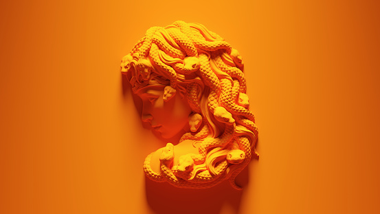 Orange Medusa Mythological Female Gorgon Mounted Bust Orange Background 3d illustration render