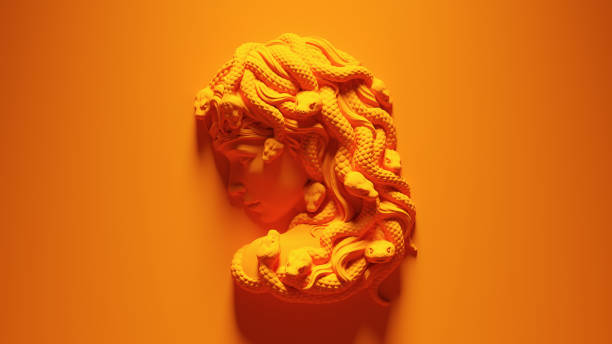 laranja medusa fêmea mitológica gorgon montado busto fundo laranja - greek culture greek god statue classical greek - fotografias e filmes do acervo