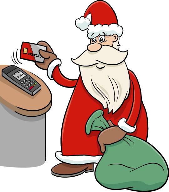 istock cartoon Santa Claus paying for Christmas presents with card 1353886221