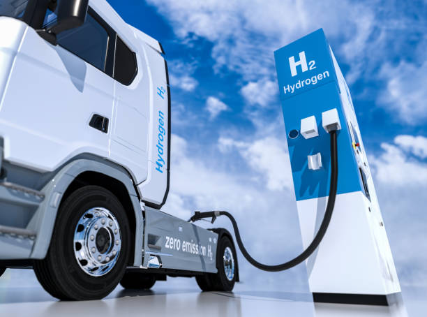 hydrogen logo on gas stations fuel dispenser. h2 combustion Truck engine for emission free ecofriendly transport stock photo