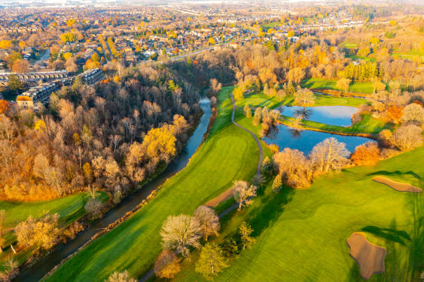 aerial view of residential distratic at rutherford road and islinton ave., detached and duplex house, woodbridge, vaughan, canada - deciduous tree autumn canada house imagens e fotografias de stock