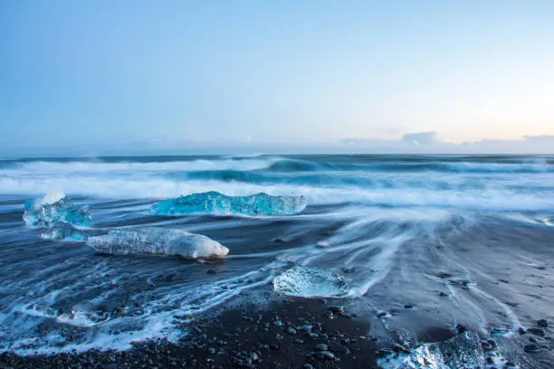 Diamond beach of Jokusarlon, Iceland. Glaciers float to the beach and large chunks of ice collect there.