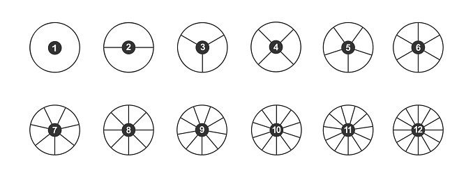 Circles divided in segments with numbers from 1 to 12. Outline round shapes cut in equal parts. Simple graphic pie or donut chart examples isolated on white background. Vector linear illustration.