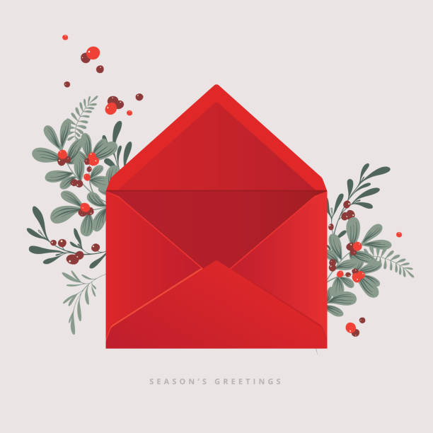 Christmas greetings envelope mockup. Vector illustration Christmas season's greetings template. Classic envelope with winter botanical decoration, flowers and greenery, xmas plants and berries holiday email templates stock illustrations