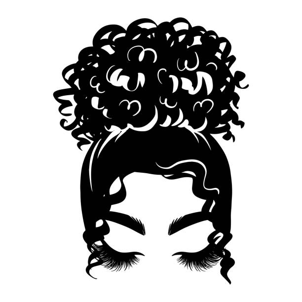 afro unordentliches haarbrötchen, lange schwarze wimpern. vektorfrau silhouette mit schönen wimpern. weibliche lockige frisur. - afro women african descent silhouette stock-grafiken, -clipart, -cartoons und -symbole