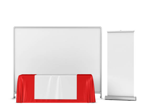 istock Blank tradeshow tablecloth with backdrop and rollup banners mockup 1353900603