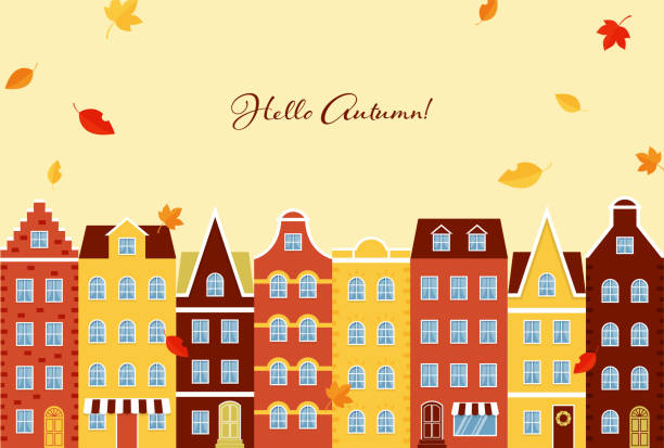 vector background with autumn landscape with houses and autumn leaves for banners, cards, flyers, social media wallpapers, etc. vector background with autumn landscape with houses and autumn leaves for banners, cards, flyers, social media wallpapers, etc. 物の形 stock illustrations