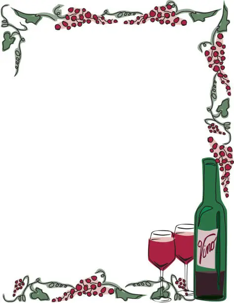 Vector illustration of Red Wine Frame with grapes, bottle and glasses
