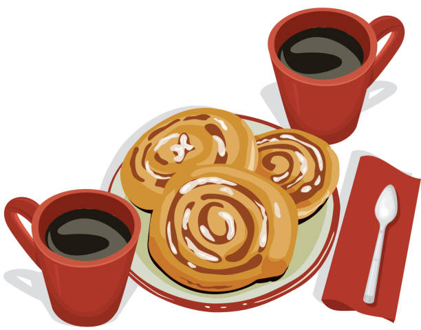 bildbanksillustrationer, clip art samt tecknat material och ikoner med cinnamon buns and coffee, breakfast - cinnamon buns bakery