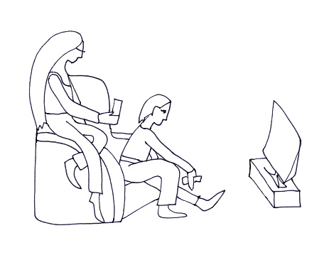Woman and man sit in armchair and watch tv, graphic black and white sketch on white background. High quality illustration