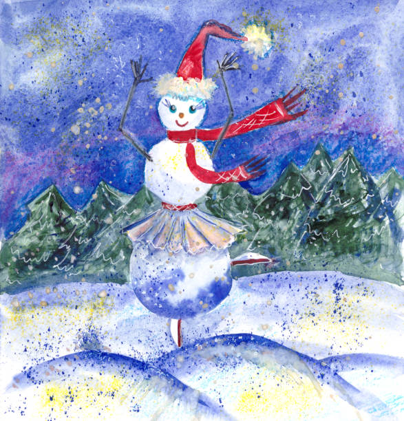 illustrazioni stock, clip art, cartoni animati e icone di tendenza di pupazzo di neve ragazza danzante sullo sfondo della foresta invernale, disegno ad acquerello - party hat hat white background blue