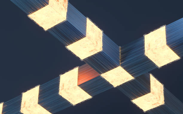 istock Glowing cubes and fiber lines, 3d rendering. 1353912043