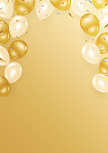 istock Confetti and balloons on golden background. 1353912090
