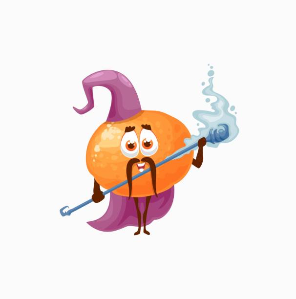 ilustrações de stock, clip art, desenhos animados e ícones de orange citrus fruit magician wizard in hat, cape - facial expression isolated lifestyles exoticism