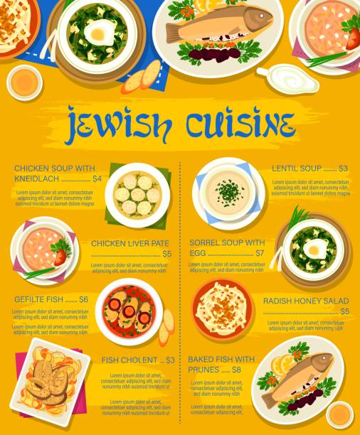 ilustrações, clipart, desenhos animados e ícones de cobertura vetorial do menu do restaurante de culinária judaica - matzo ball soup