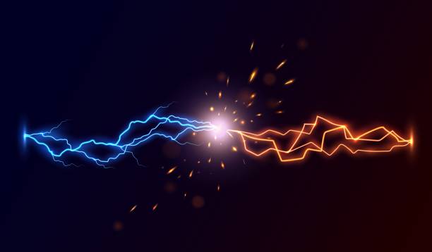 Realistic short circuit electricity discharges Realistic lightning thunderbolt against short circuit. Plasma exposing after two electricity discharges clash. Flying vector sparks and flaming particles, bright flash of light after lightning strike military attack stock illustrations