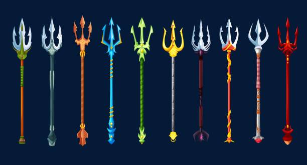 Fantasy magic tridents game weapon asset Fantasy magic tridents game weapon asset. Poseidon god, gladiator warrior, devil or demon golden, silver and red pitchfork weapon cartoon vector GUI icons. Fairytale spear or magic lance artifact set cartoon of the devils pitch fork stock illustrations
