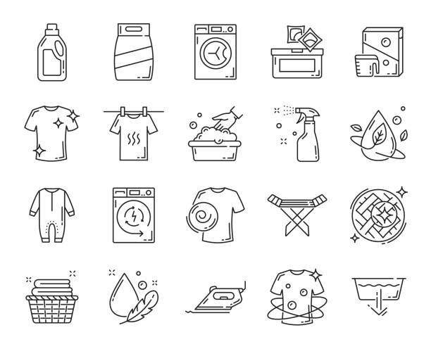 Washing, dry cleaning line icons, laundry service Washing and dry cleaning line icons, vector laundry detergents and symbols. Clothes cleaning and laundromat icons of washing machine, fabric softener and laundry capsules for towels hand wash tumble dryer stock illustrations