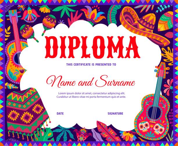 Kids diploma with mexican sombrero, guitar, poncho Kids diploma with mexican sombrero, guitars, poncho and floral motifs. School or kindergarten education vector certificate with cartoon holiday items of Mexico, award or graduation frame template cinco de mayo stock illustrations